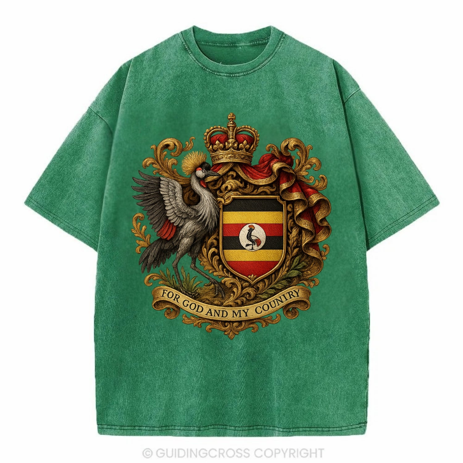 Uganda Crested Crane Emblem  - Vintage T-shirt - Forest Mist(Green)