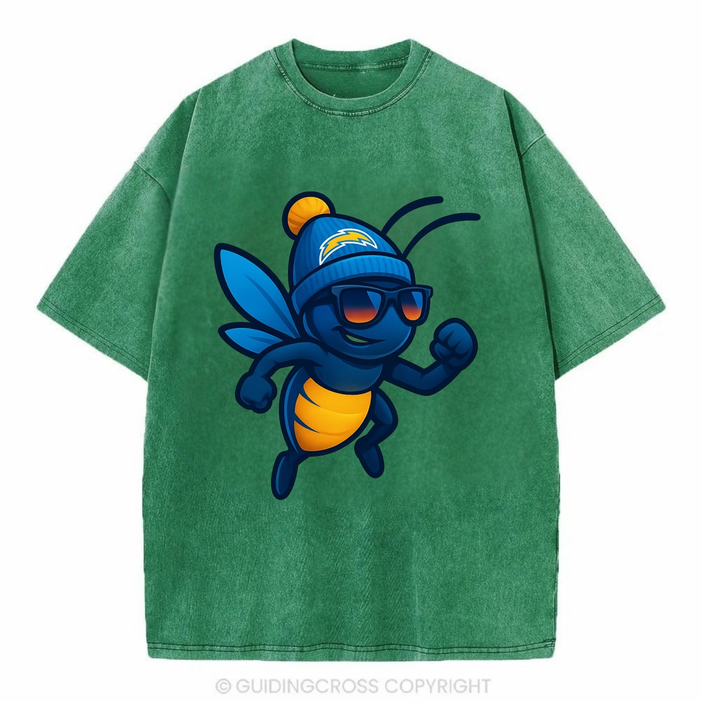 LA Lightning Bug wearing Chargers powder blue and gold beanie with pom pom and - Vintage T-shirt - Forest Mist(Green)