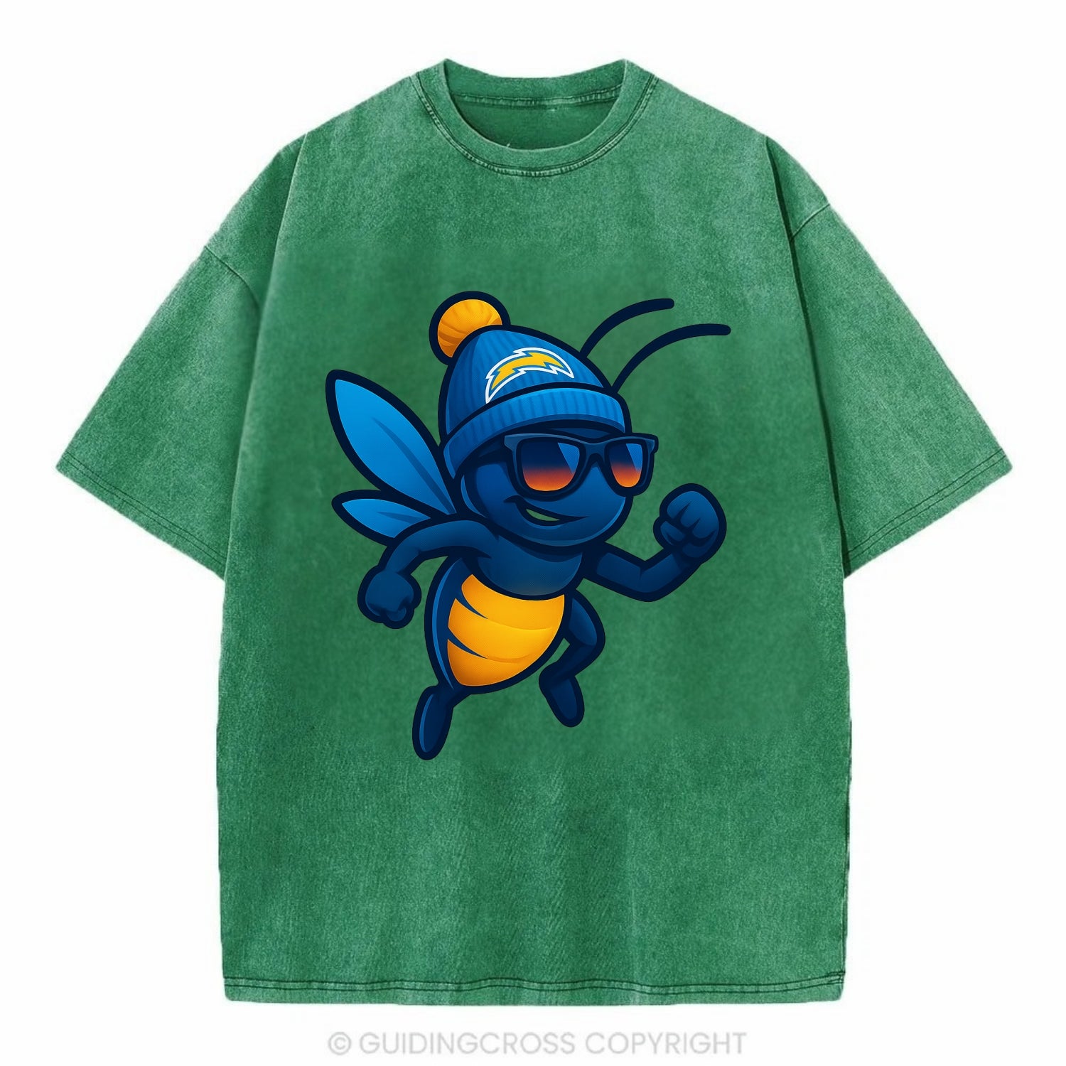 LA Lightning Bug wearing Chargers powder blue and gold beanie with pom pom and - Vintage T-shirt - Forest Mist(Green)