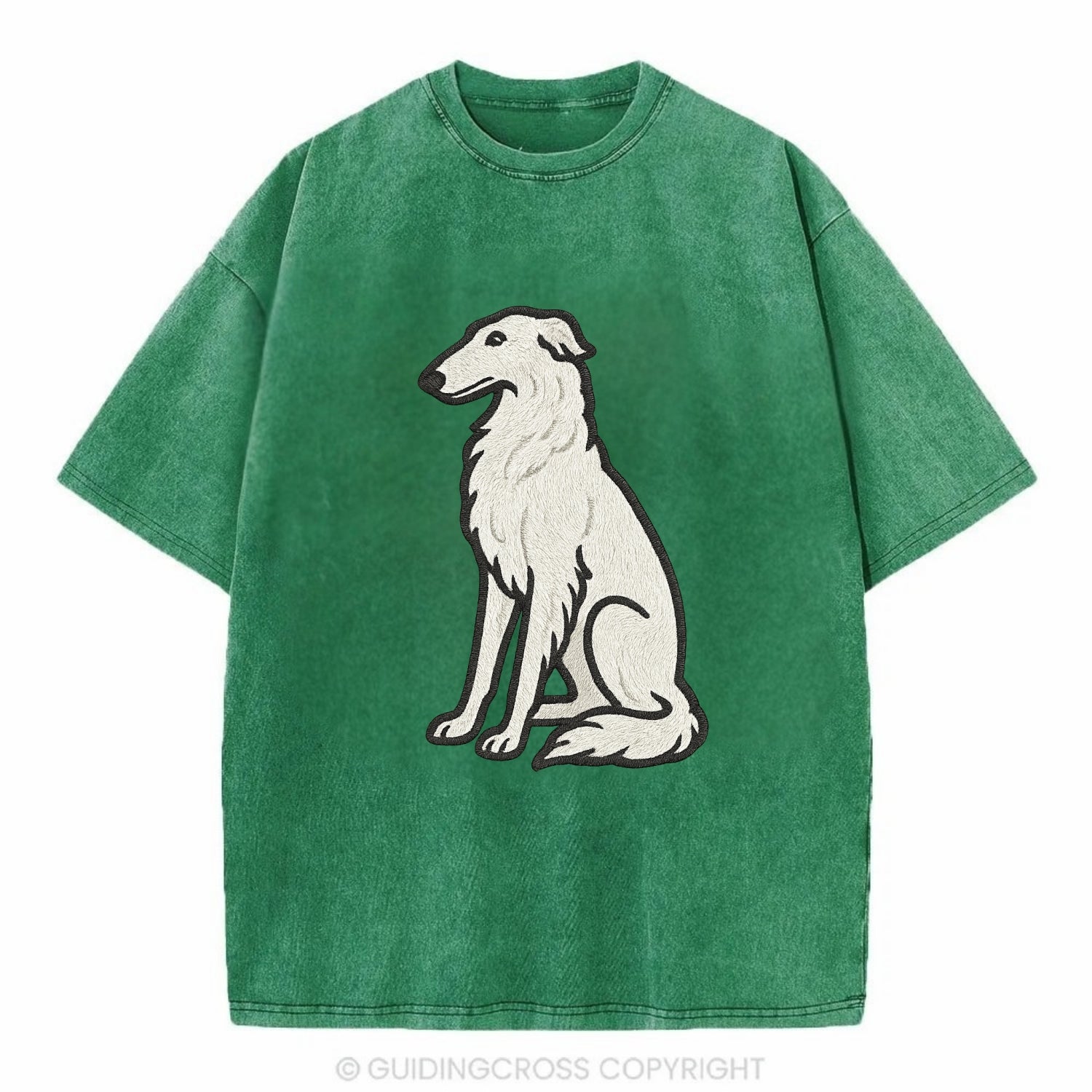 Borzoi - White embroidered sitting pose - Vintage T-shirt - Forest Mist(Green)