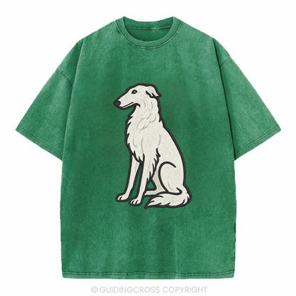 Borzoi - White embroidered sitting pose - Vintage T-shirt - Forest Mist(Green)