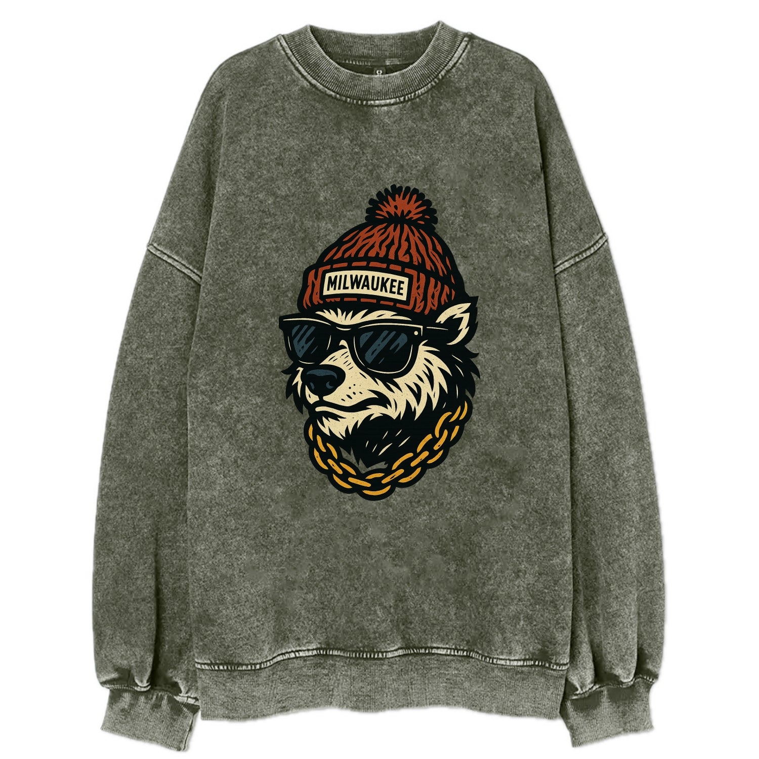 Milwaukee Badger wearing Milwaukee beanie with pom pom and wayfarer sunglasses - Vintage Sweatshirt - Forest Mist(Green)