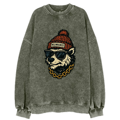 Milwaukee Badger wearing Milwaukee beanie with pom pom and wayfarer sunglasses - Vintage Sweatshirt - Forest Mist(Green)