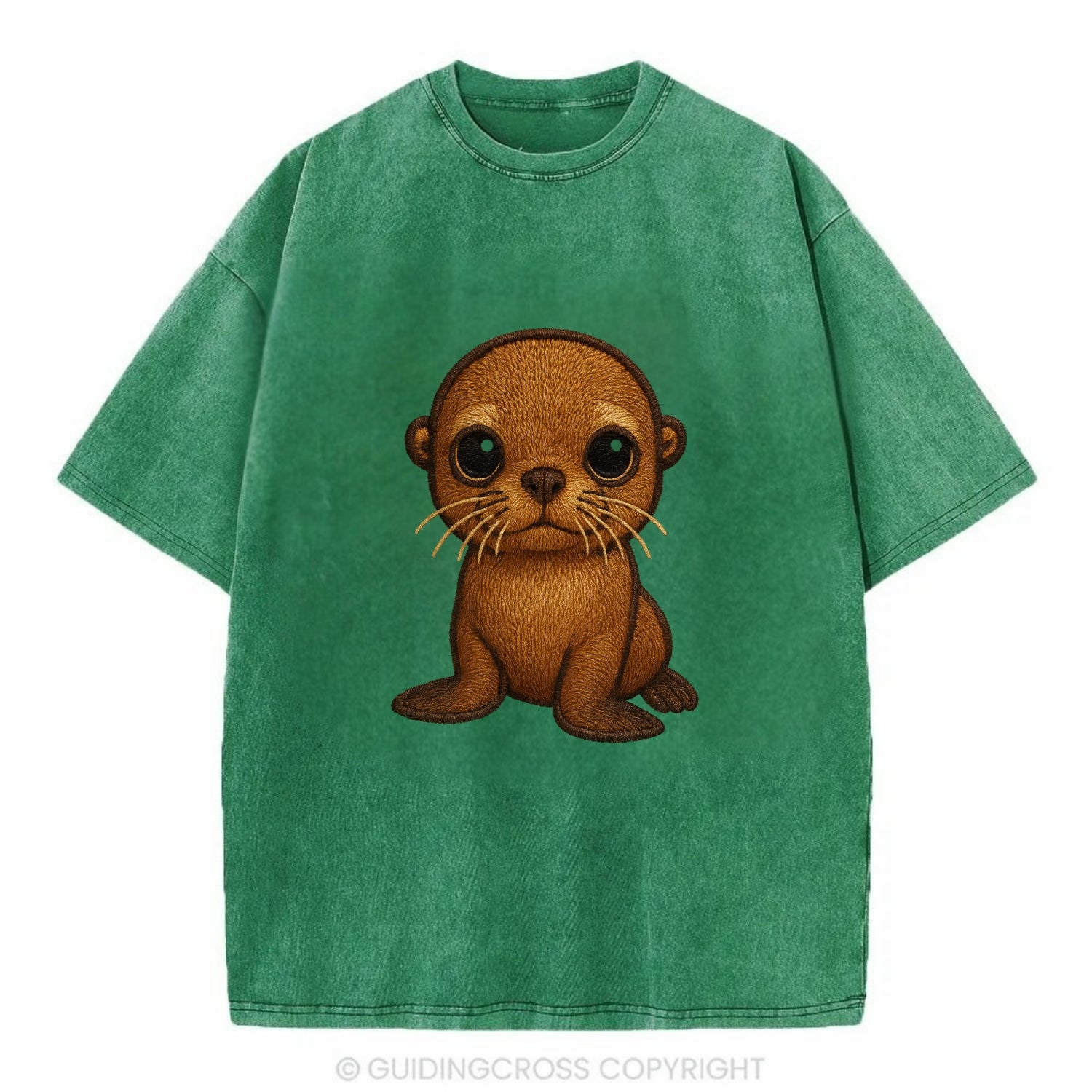 Baby California Sea Lion - golden brown, large expressive eyes, whiskers, - Vintage T-shirt - Forest Mist(Green)