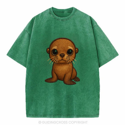 Baby California Sea Lion - golden brown, large expressive eyes, whiskers, - Vintage T-shirt - Forest Mist(Green)