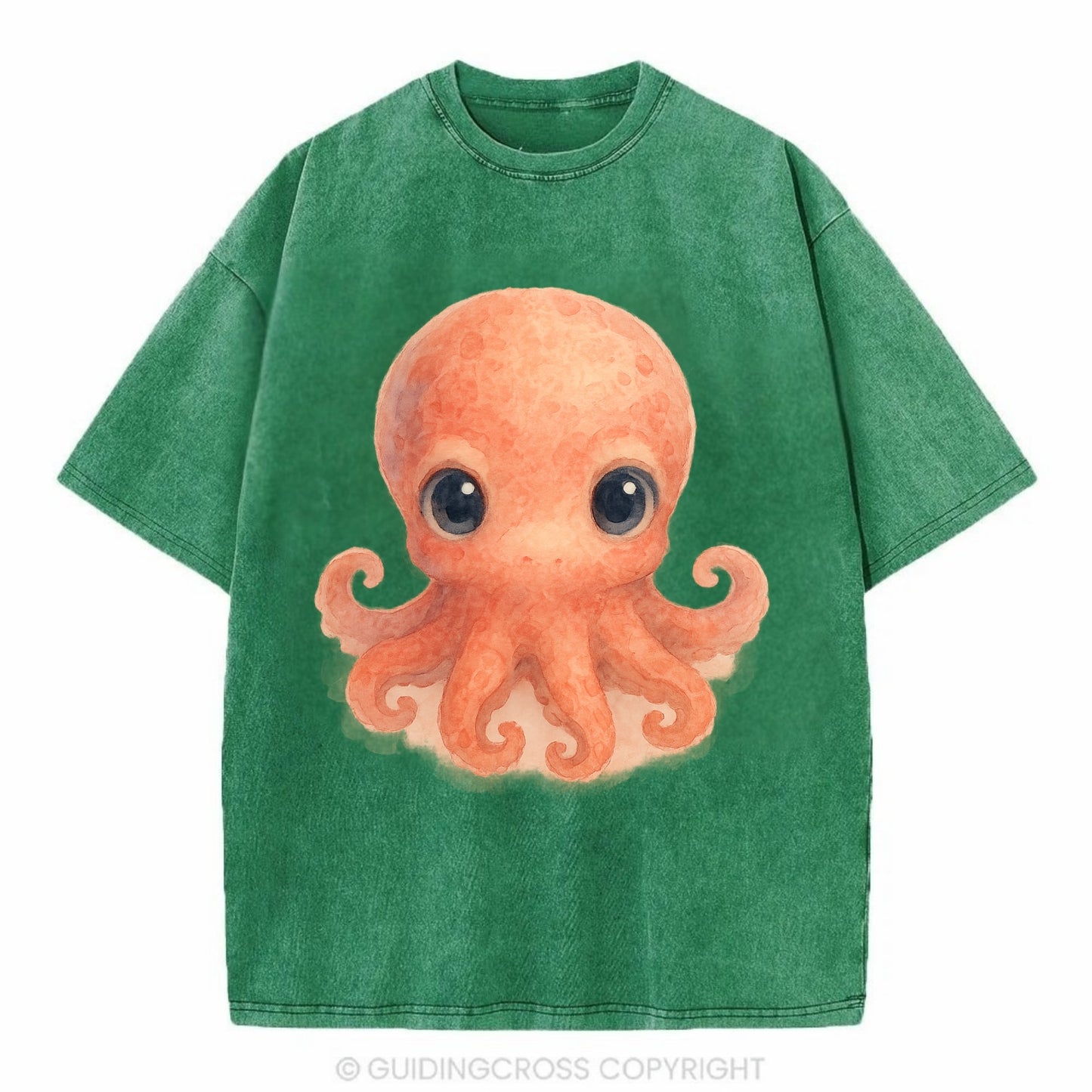 Baby Octopus - red-orange, eight tiny tentacles curled, large intelligent eyes, - Vintage T-shirt - Forest Mist(Green)