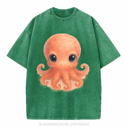 Baby Octopus - red-orange, eight tiny tentacles curled, large intelligent eyes, - Vintage T-shirt - Forest Mist(Green)