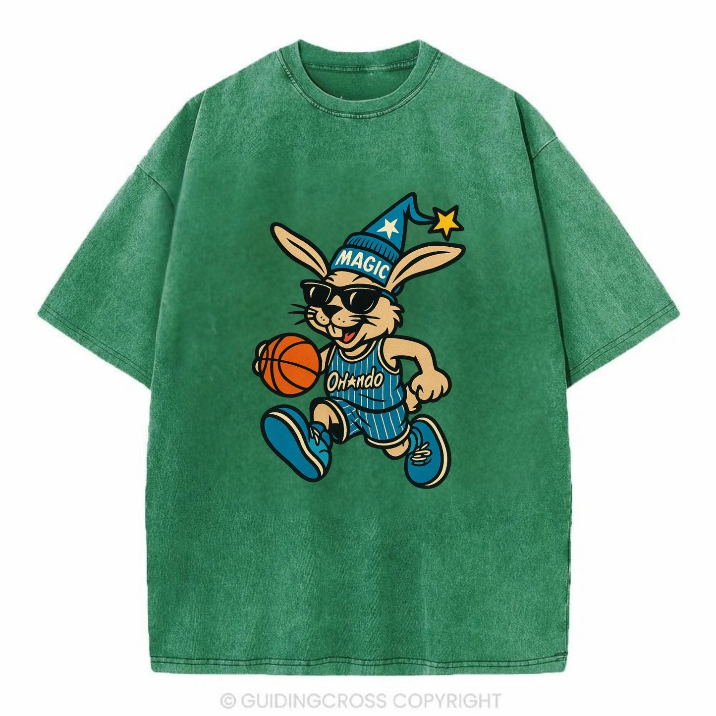 Orlando Rabbit wearing Magic blue and silver beanie with wizard hat and wayfarer - Vintage T-shirt - Forest Mist(Green)