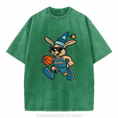 Orlando Rabbit wearing Magic blue and silver beanie with wizard hat and wayfarer - Vintage T-shirt - Forest Mist(Green)