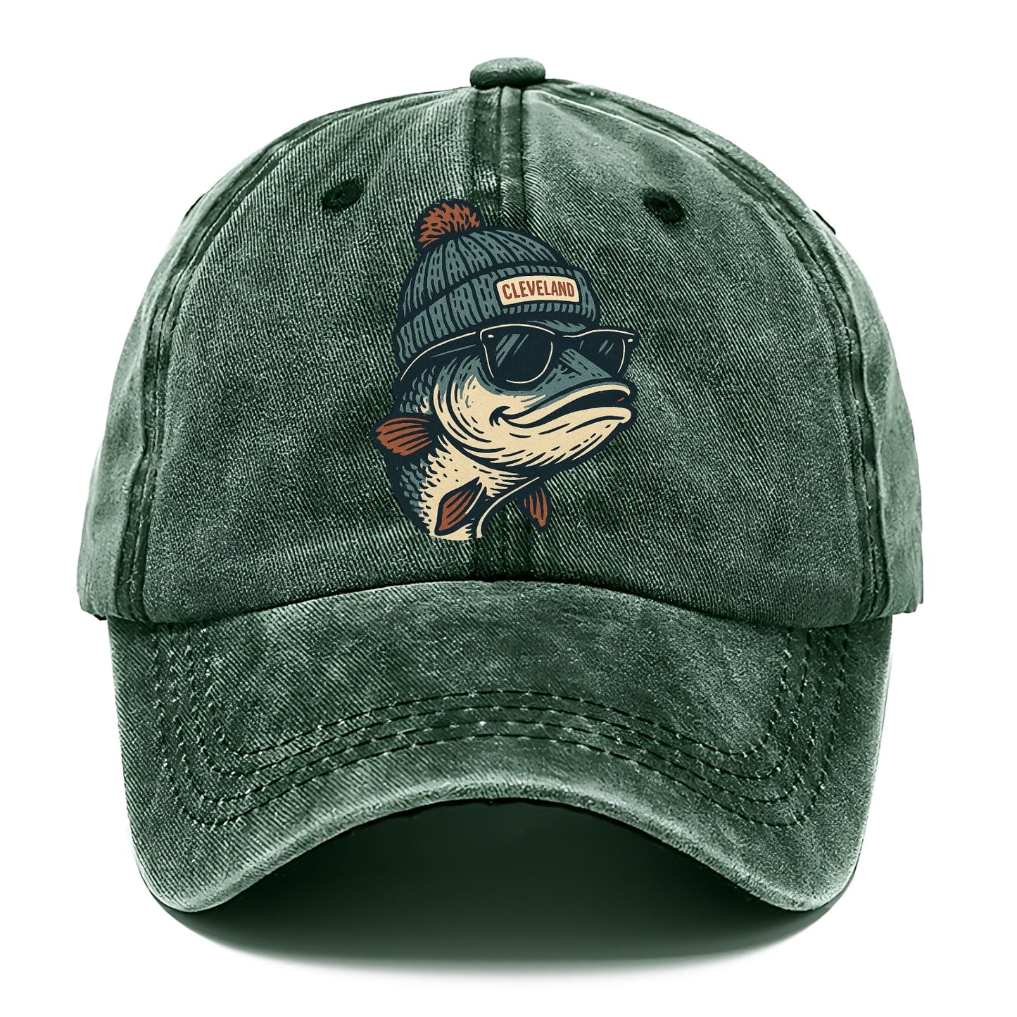 Cleveland Lake Erie Walleye wearing Cleveland beanie with pom pom and wayfarer - Classic Cap - Forest Mist(Green)