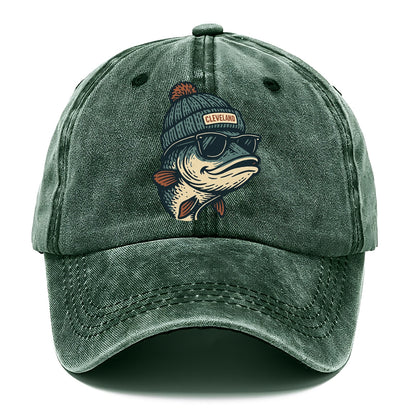 Cleveland Lake Erie Walleye wearing Cleveland beanie with pom pom and wayfarer - Classic Cap - Forest Mist(Green)