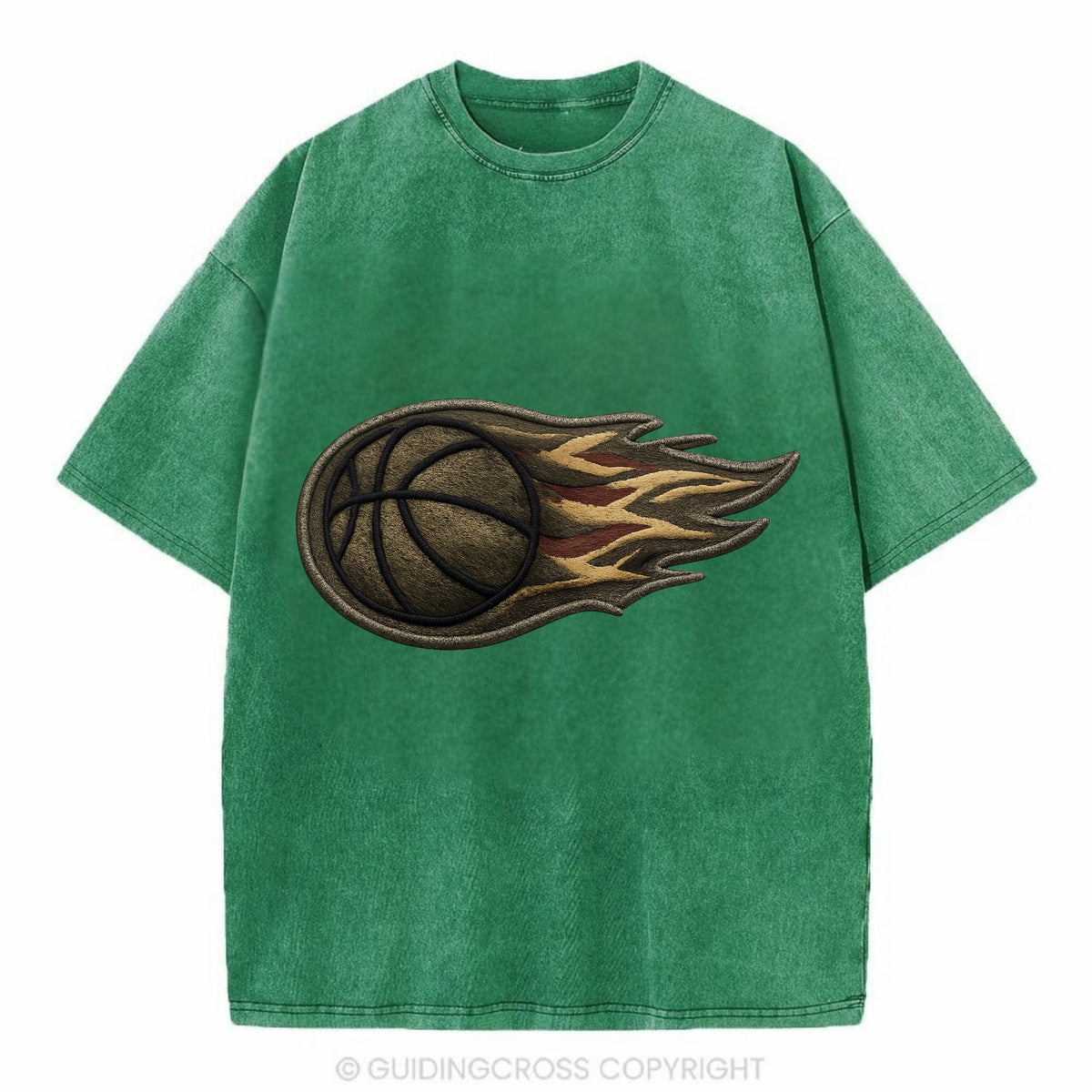 Embroidered patch design - BASKETBALL FLAMING BALL - basketball with flames in - Vintage T-shirt - Forest Mist(Green)