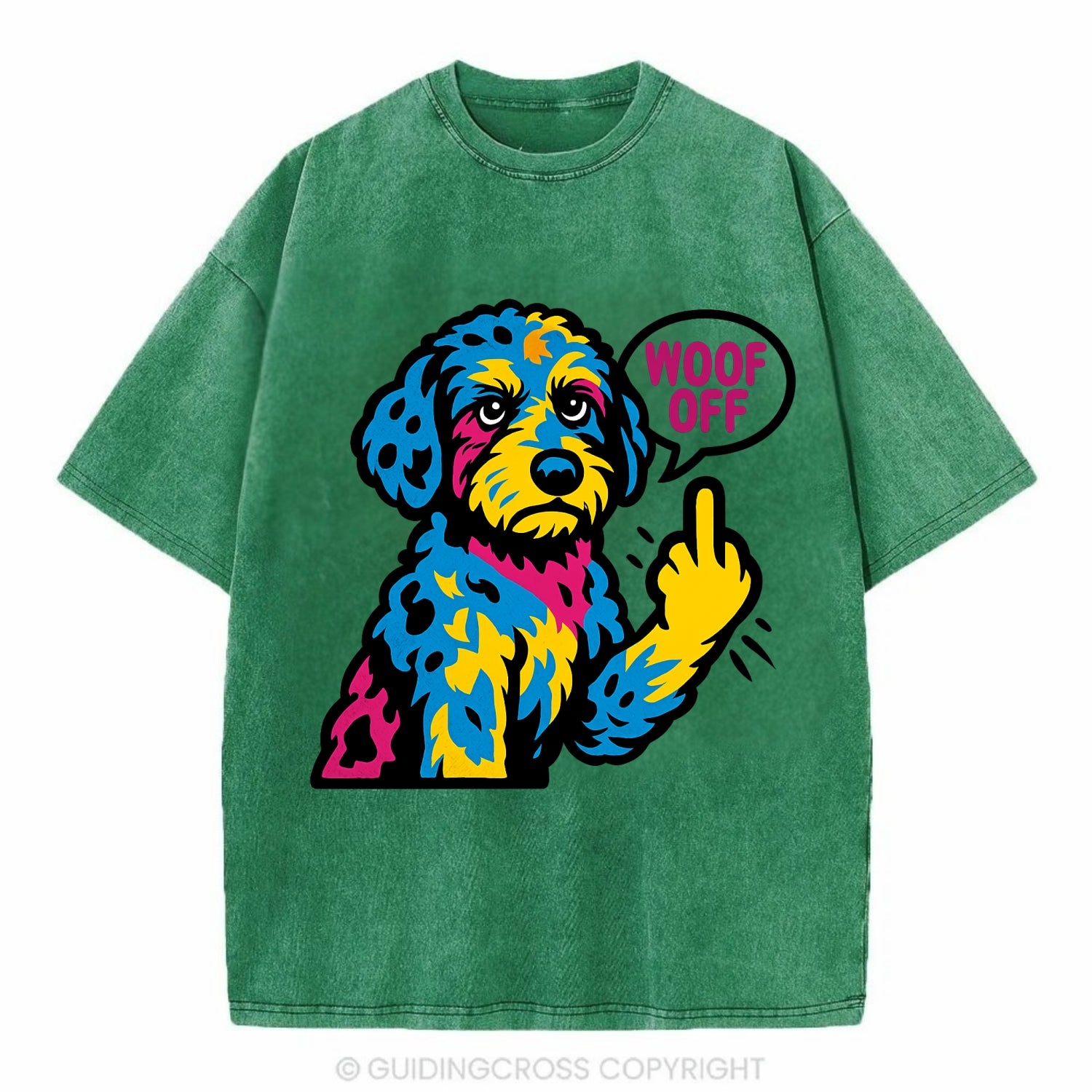 Aussiedoodle with merle patches and curly coat, playful smart paw raised - Vintage T-shirt - Forest Mist(Green)
