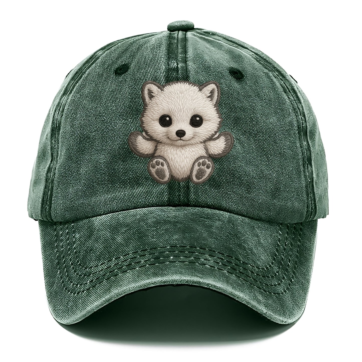 Baby Arctic Fox - white fluffy, tiny black nose, bright curious eyes, front-facing, - Classic Cap - Forest Mist(Green)