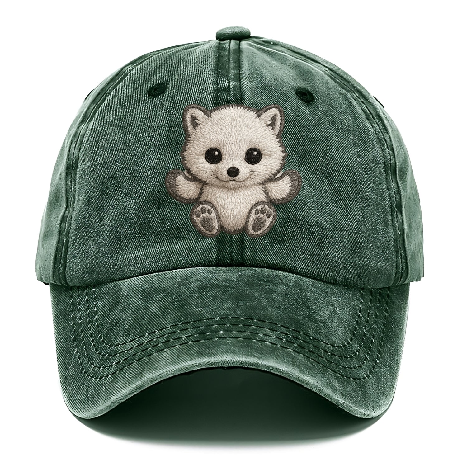 Baby Arctic Fox - white fluffy, tiny black nose, bright curious eyes, front-facing, - Classic Cap - Forest Mist(Green)