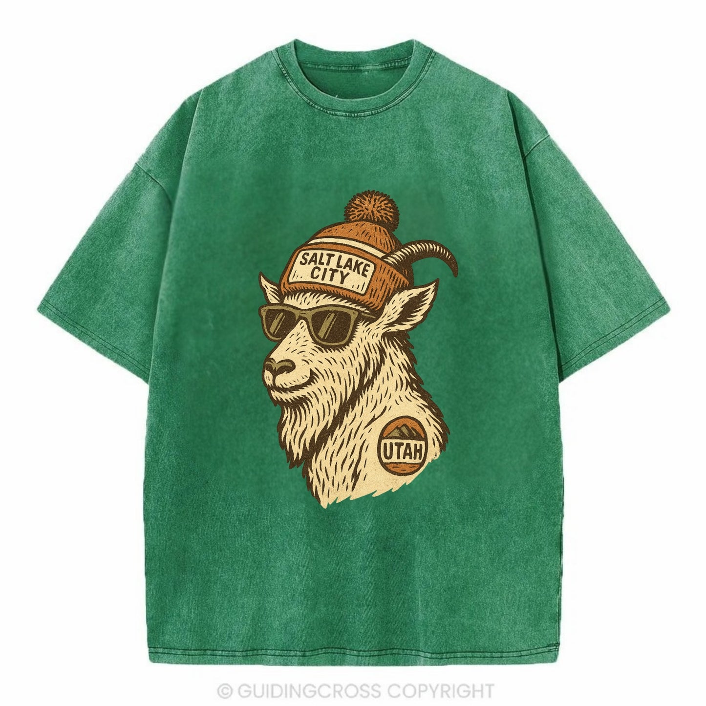 Utah Mountain Goat wearing Salt Lake City beanie with pom pom and wayfarer - Vintage T-shirt - Forest Mist(Green)