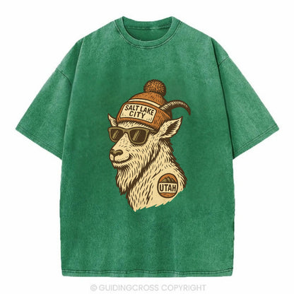 Utah Mountain Goat wearing Salt Lake City beanie with pom pom and wayfarer - Vintage T-shirt - Forest Mist(Green)