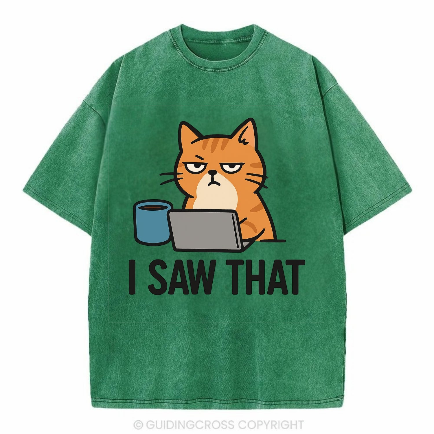 Cat with one eye open judging you - "I SAW THAT" - nothing escapes notice - Vintage T-shirt - Forest Mist(Green)