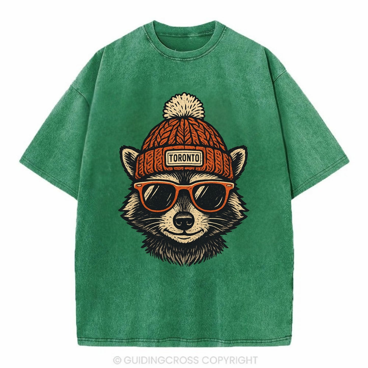 Toronto Raccoon wearing Toronto beanie with pom pom and wayfarer sunglasses - Vintage T-shirt - Forest Mist(Green)