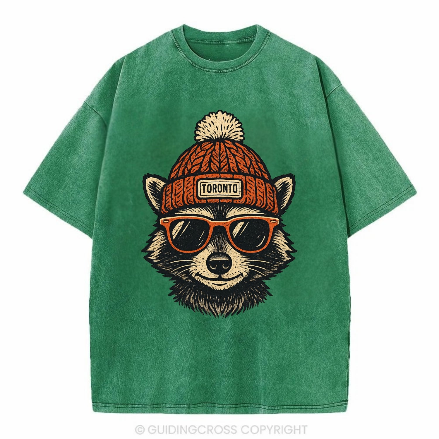 Toronto Raccoon wearing Toronto beanie with pom pom and wayfarer sunglasses - Vintage T-shirt - Forest Mist(Green)