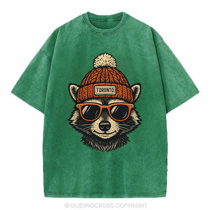 Toronto Raccoon wearing Toronto beanie with pom pom and wayfarer sunglasses - Vintage T-shirt - Forest Mist(Green)