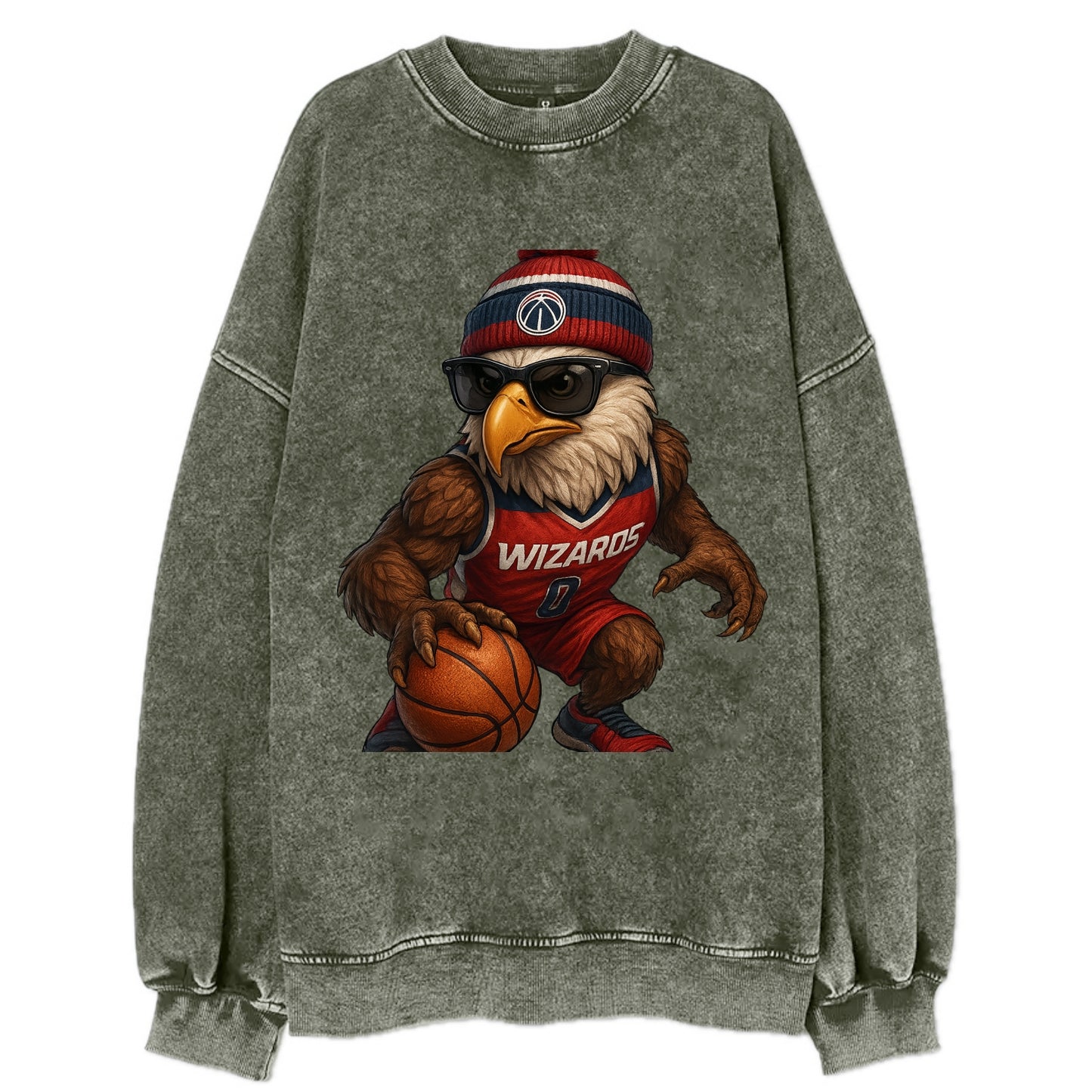 DC Eagle wearing Wizards red white and blue beanie with monument patch and - Vintage Sweatshirt - Forest Mist(Green)