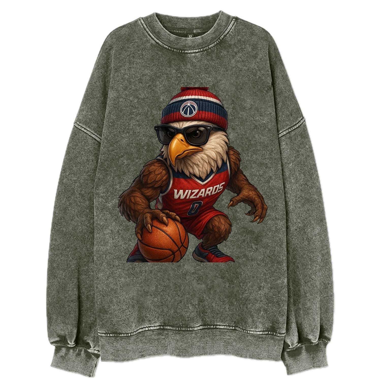 DC Eagle wearing Wizards red white and blue beanie with monument patch and - Vintage Sweatshirt - Forest Mist(Green)