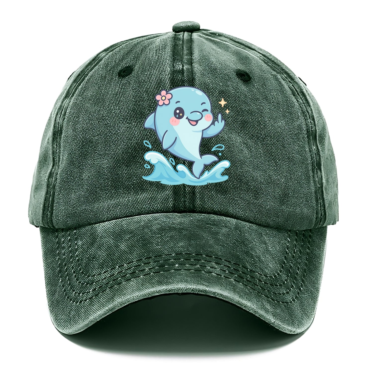 smiling dolphin jumping through ocean waves, one fin up with attitude - Classic Cap - Forest Mist(Green)