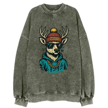 New Hampshire White-tailed Deer wearing Manchester beanie with pom pom and - Vintage Sweatshirt - Forest Mist(Green)