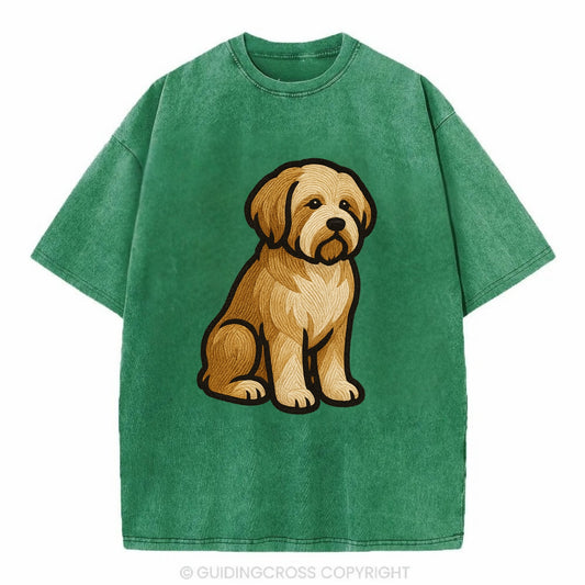 Tibetan Terrier - Gold and white embroidered sitting pose - Vintage T-shirt - Forest Mist(Green)