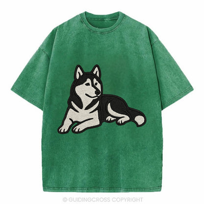 Siberian Husky - Black and white relaxed Vintage T-shirt - Forest Mist(Green)