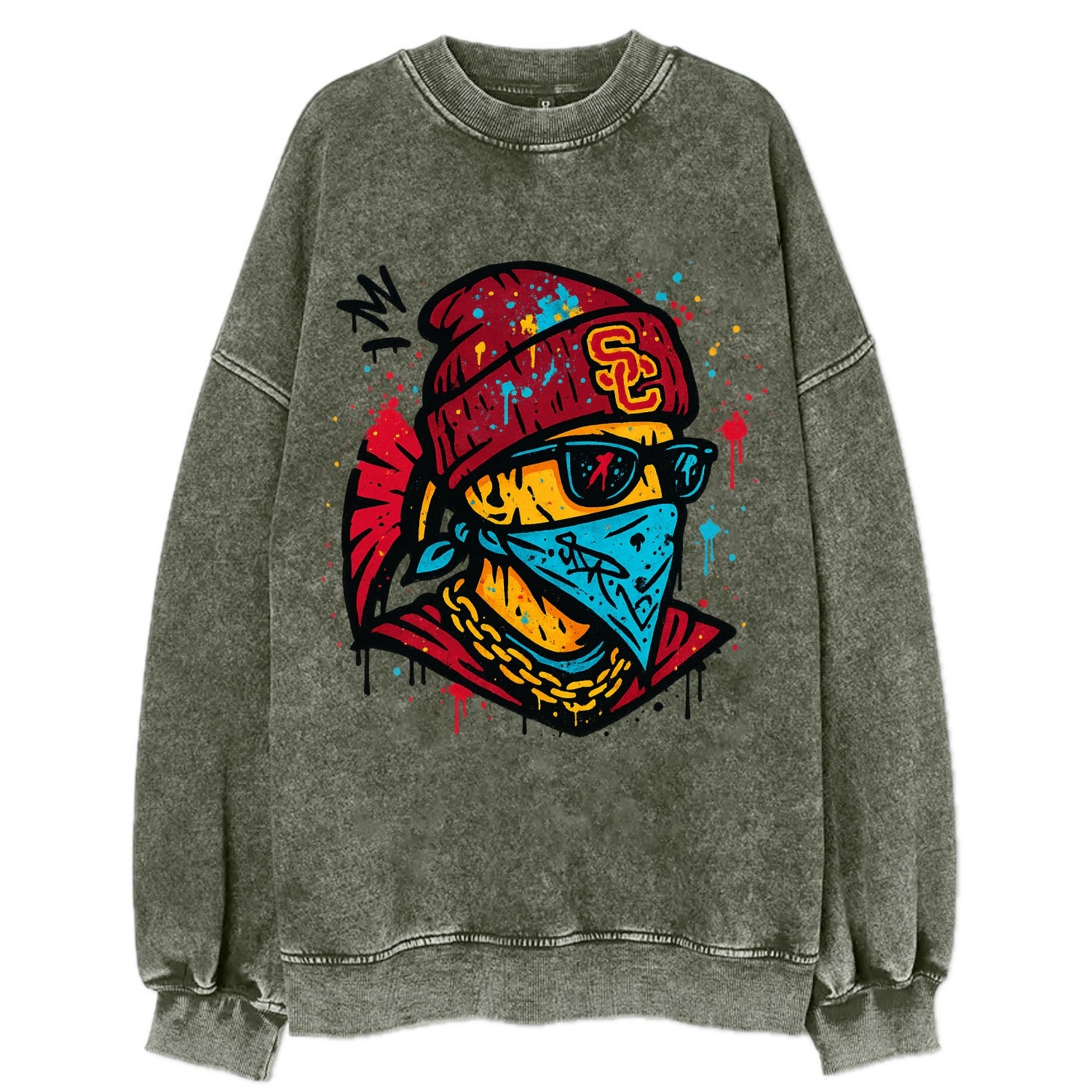 Los Angeles Trojan wearing USC beanie with SC patch - Vintage Sweatshirt - Forest Mist(Green)
