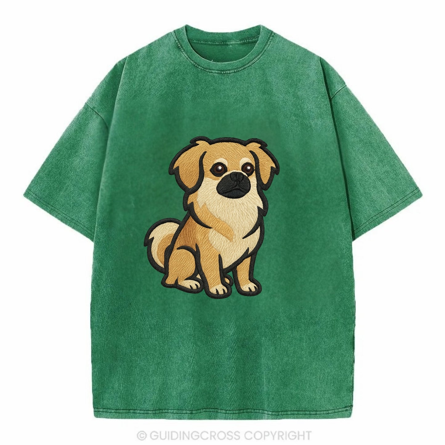 Tibetan Spaniel - Fawn small dog embroidered design - Vintage T-shirt - Forest Mist(Green)