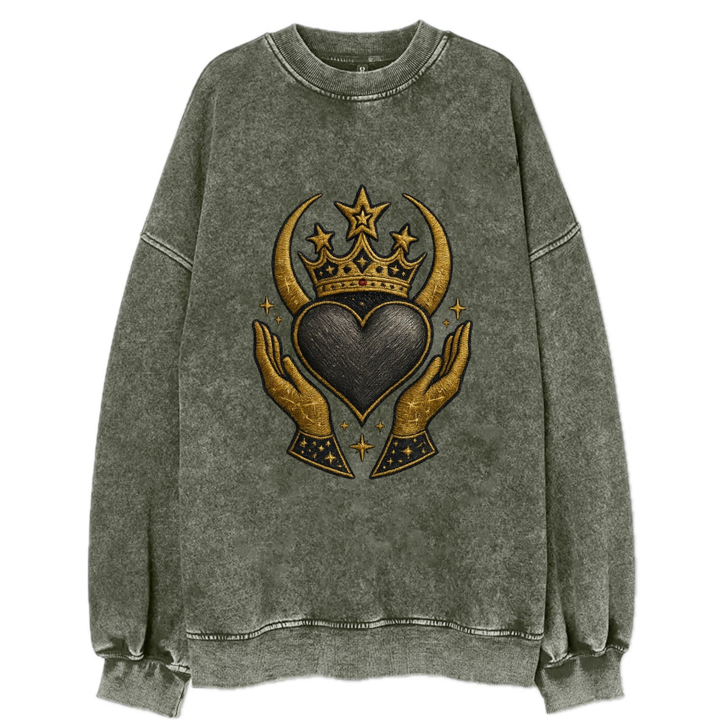 Celtic knot crown with woven strands merging into copper hands shielding a - Vintage Sweatshirt - Forest Mist(Green)
