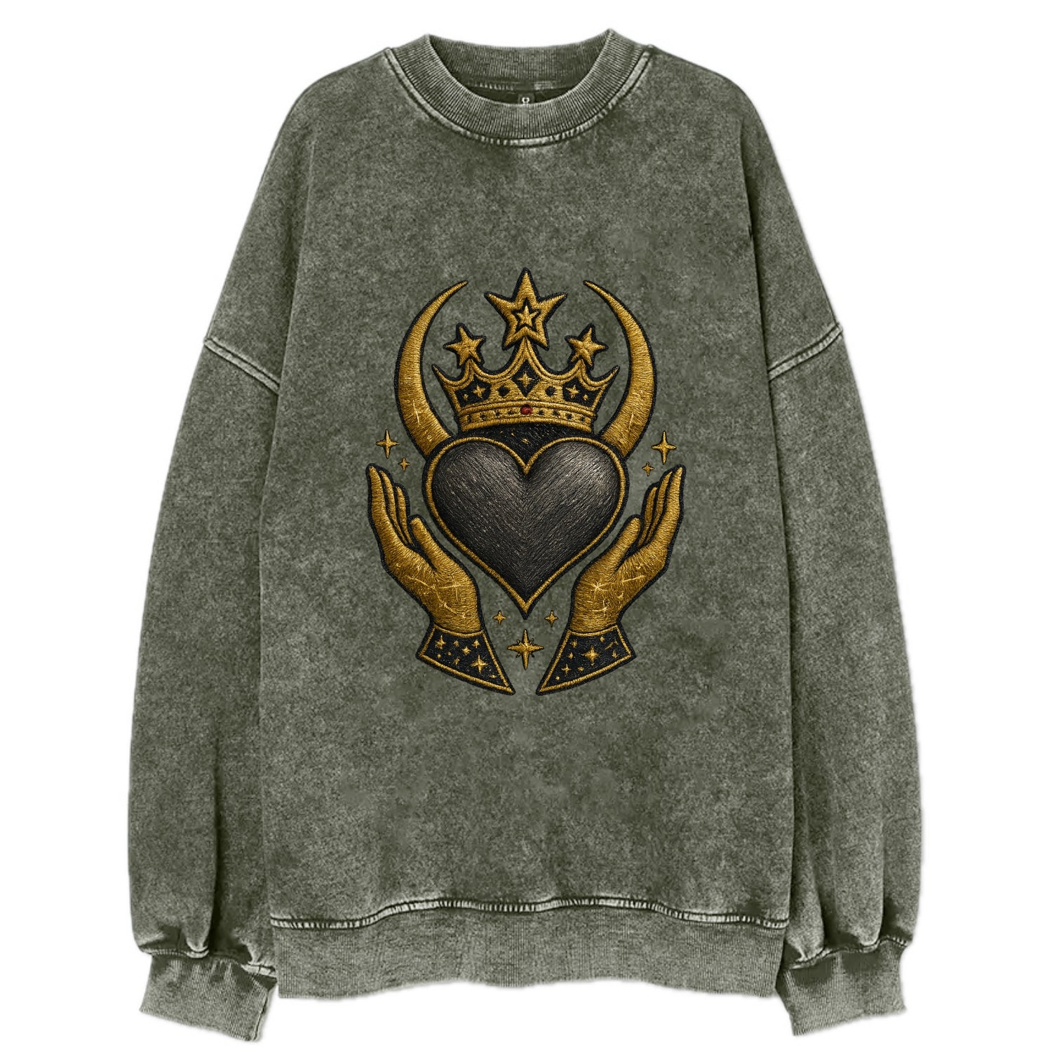 Celtic knot crown with woven strands merging into copper hands shielding a - Vintage Sweatshirt - Forest Mist(Green)