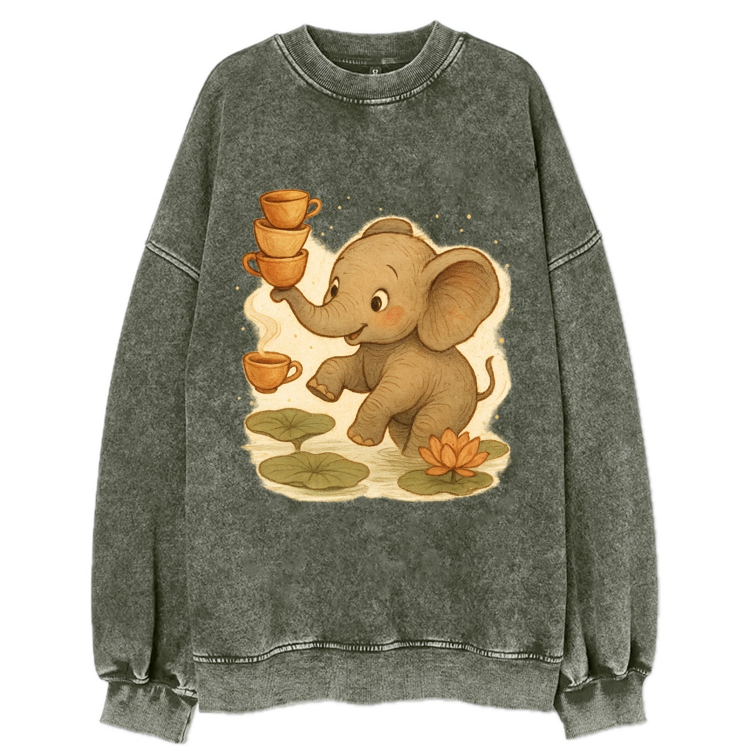Elephant balancing teacups during a floating tea ceremony beside lotus ponds - Vintage Sweatshirt - Forest Mist(Green)