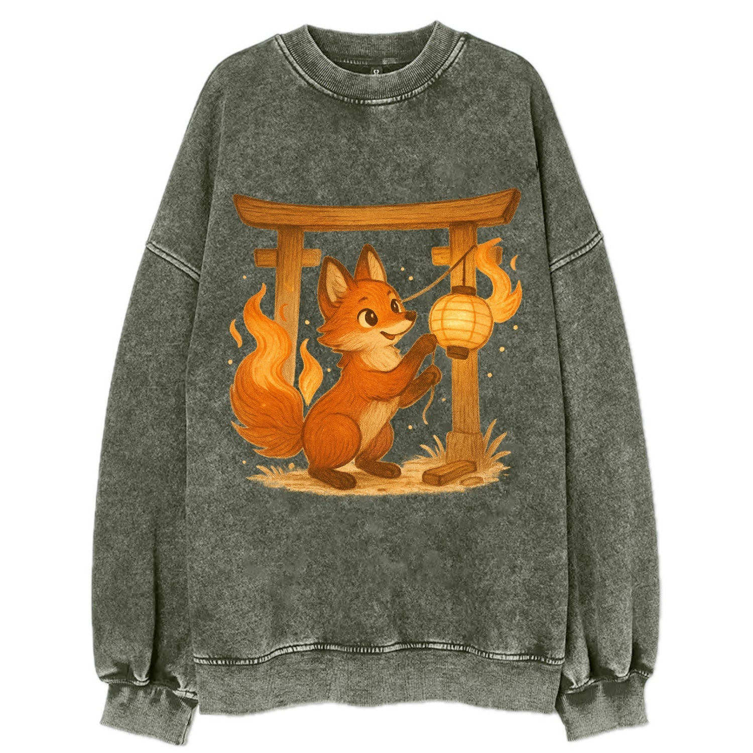 Foxfire kitsune stringing lanterns along a torii gate with tails of living - Vintage Sweatshirt - Forest Mist(Green)