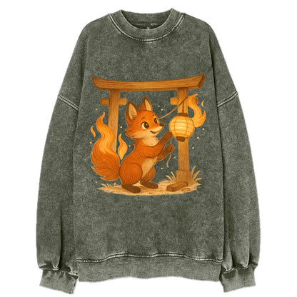 Foxfire kitsune stringing lanterns along a torii gate with tails of living - Vintage Sweatshirt - Forest Mist(Green)