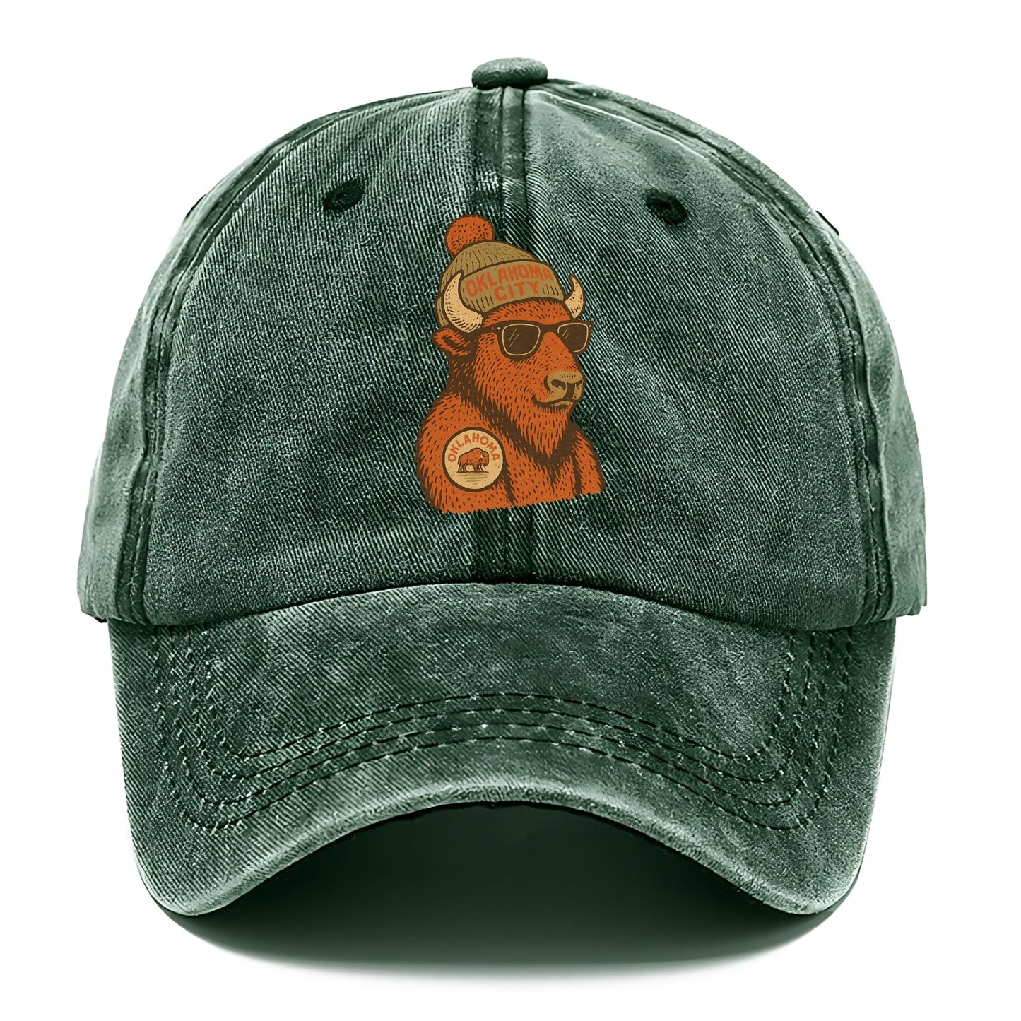 Oklahoma Buffalo wearing Oklahoma City beanie with pom pom and wayfarer sunglasses - Classic Cap - Forest Mist(Green)