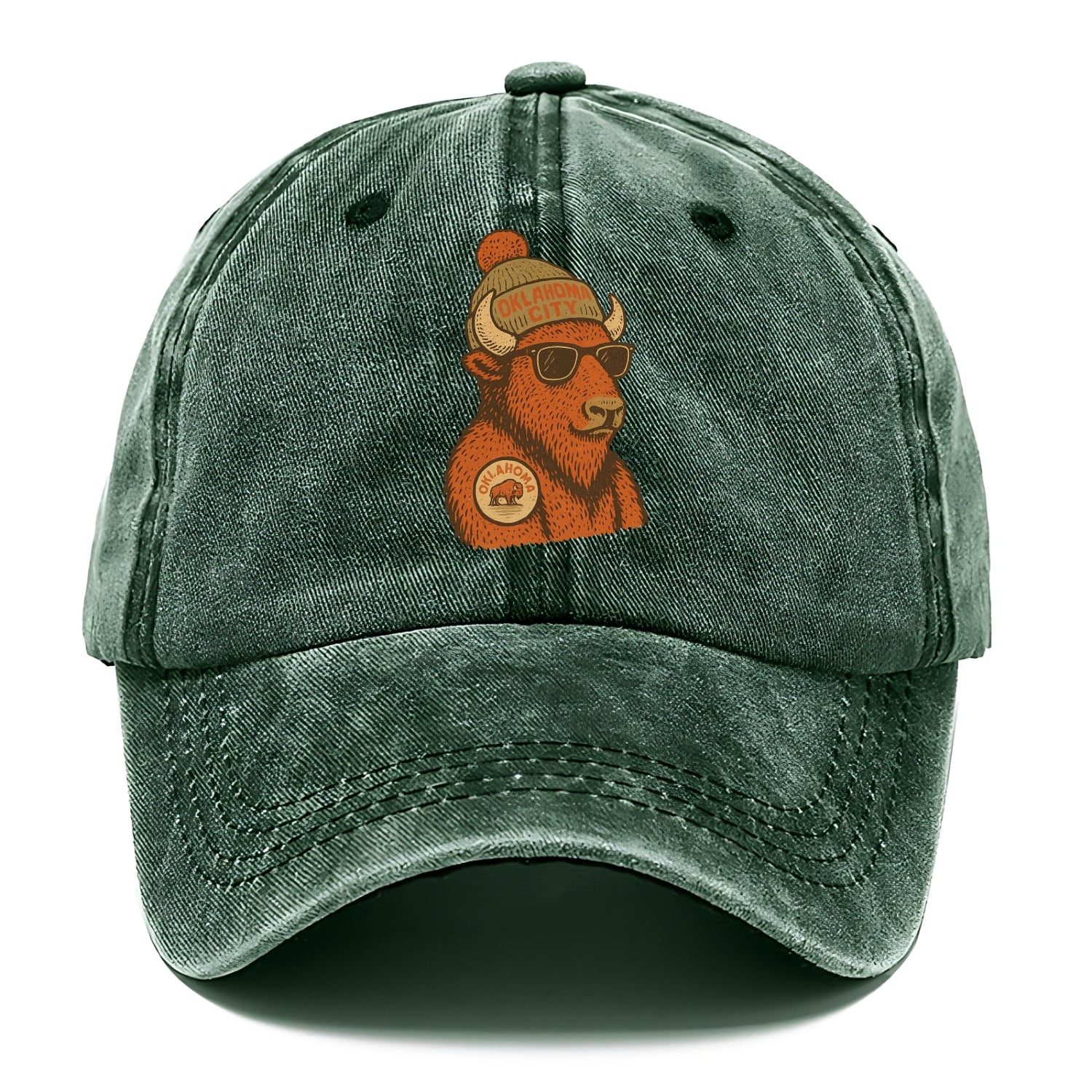 Oklahoma Buffalo wearing Oklahoma City beanie with pom pom and wayfarer sunglasses - Classic Cap - Forest Mist(Green)