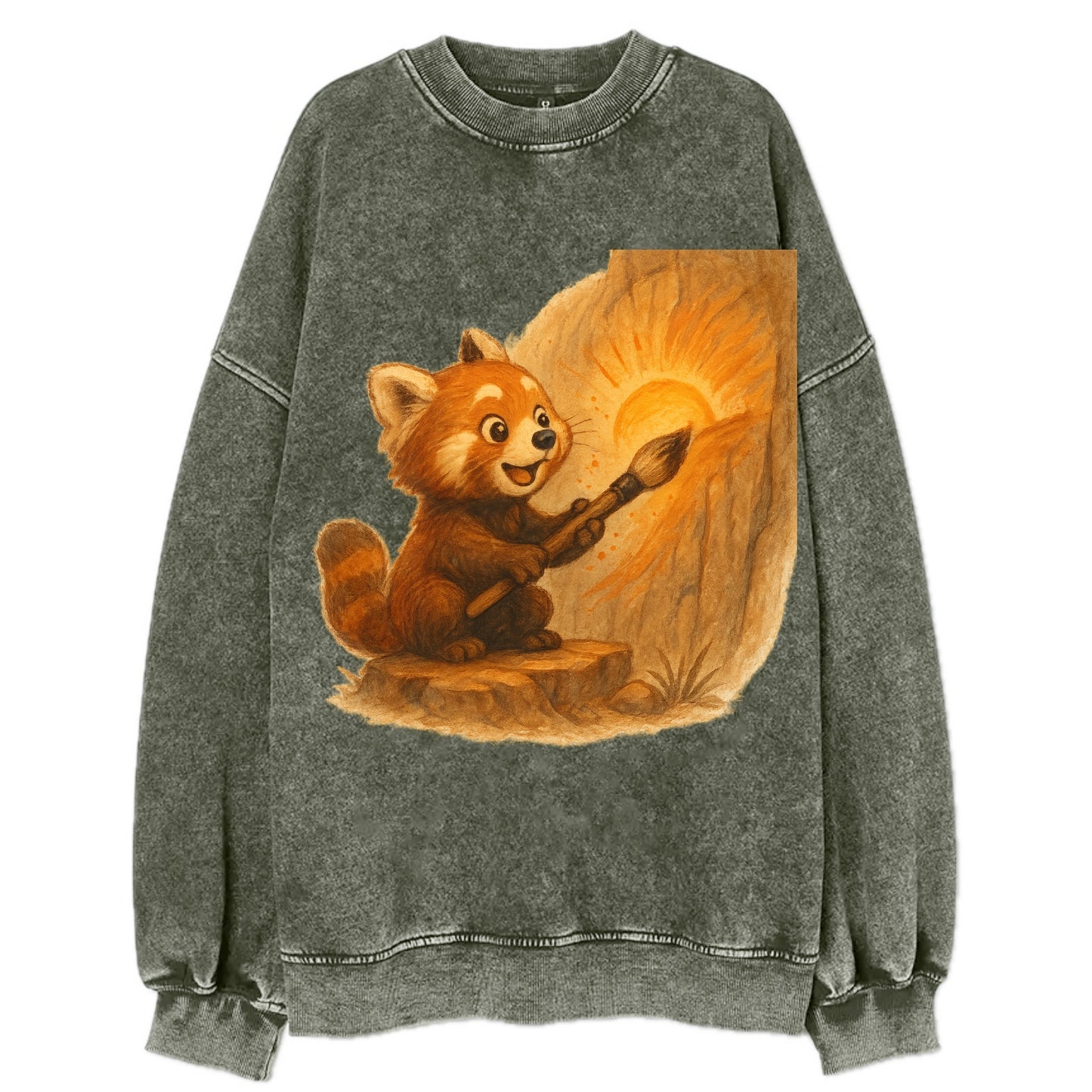 Red panda painting a sunrise mural with an oversized calligraphy brush on a - Vintage Sweatshirt - Forest Mist(Green)