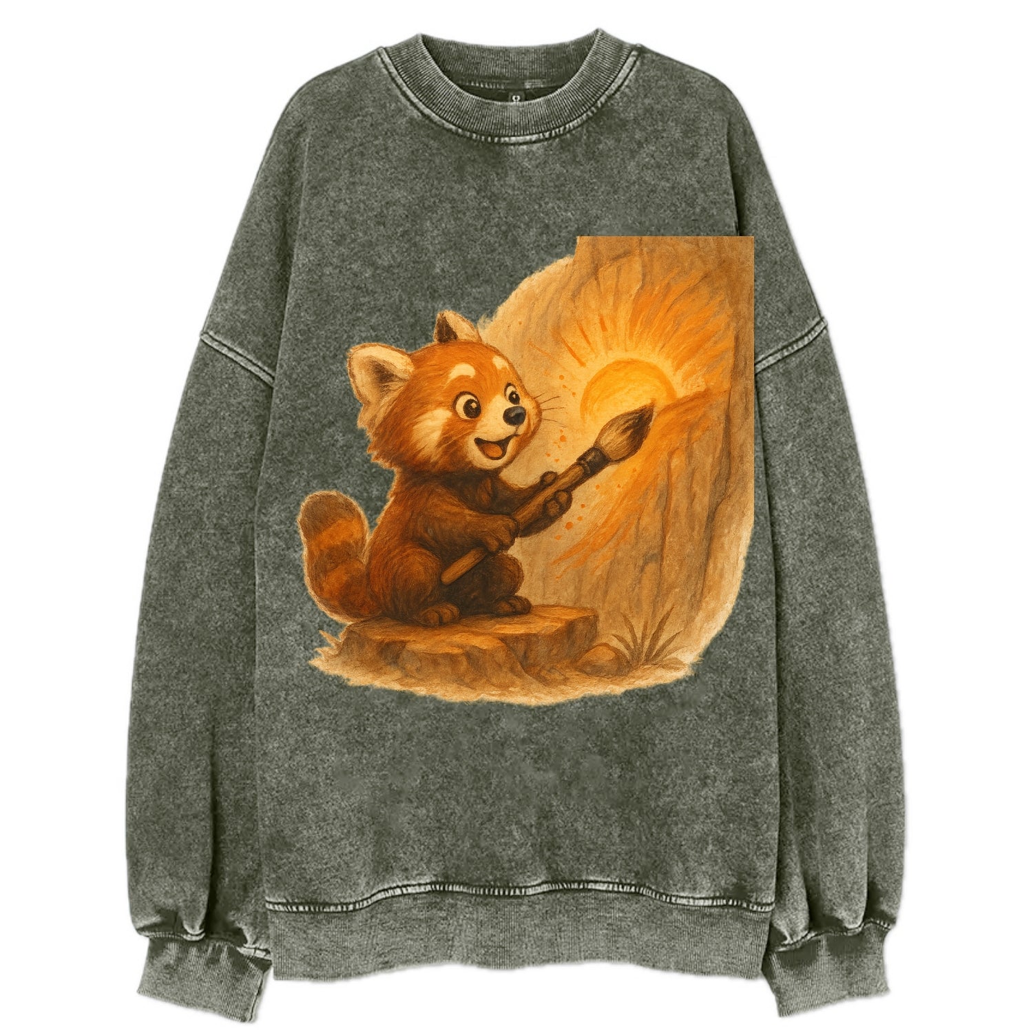 Red panda painting a sunrise mural with an oversized calligraphy brush on a - Vintage Sweatshirt - Forest Mist(Green)