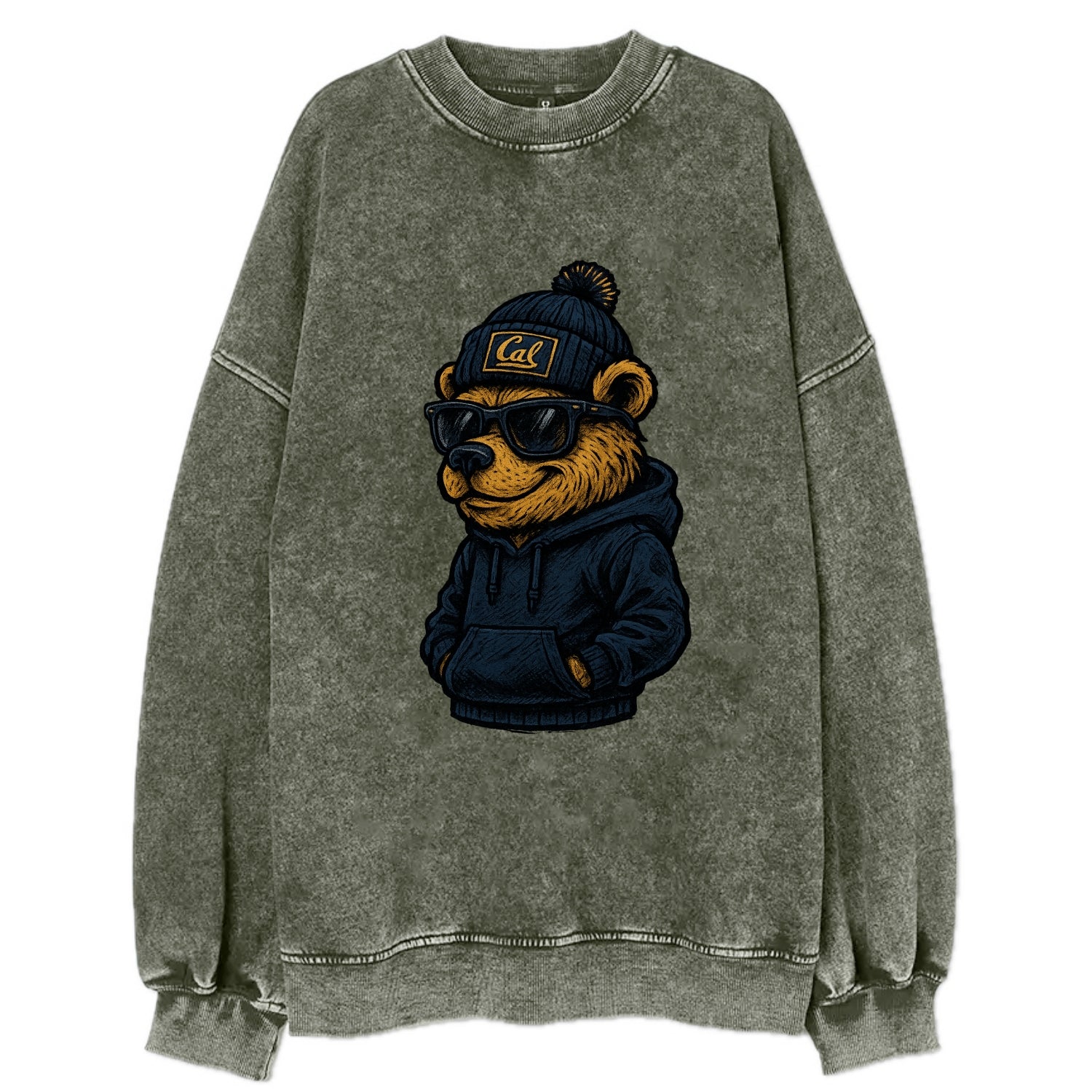 Berkeley Bear wearing Cal beanie with script patch - Vintage Sweatshirt - Forest Mist(Green)