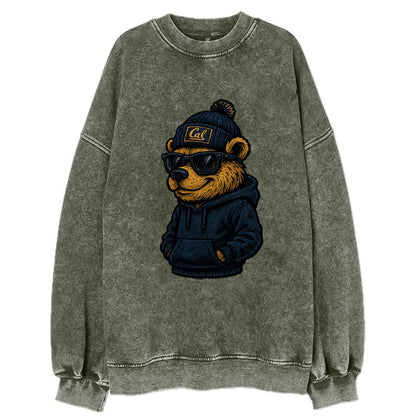 Berkeley Bear wearing Cal beanie with script patch - Vintage Sweatshirt - Forest Mist(Green)