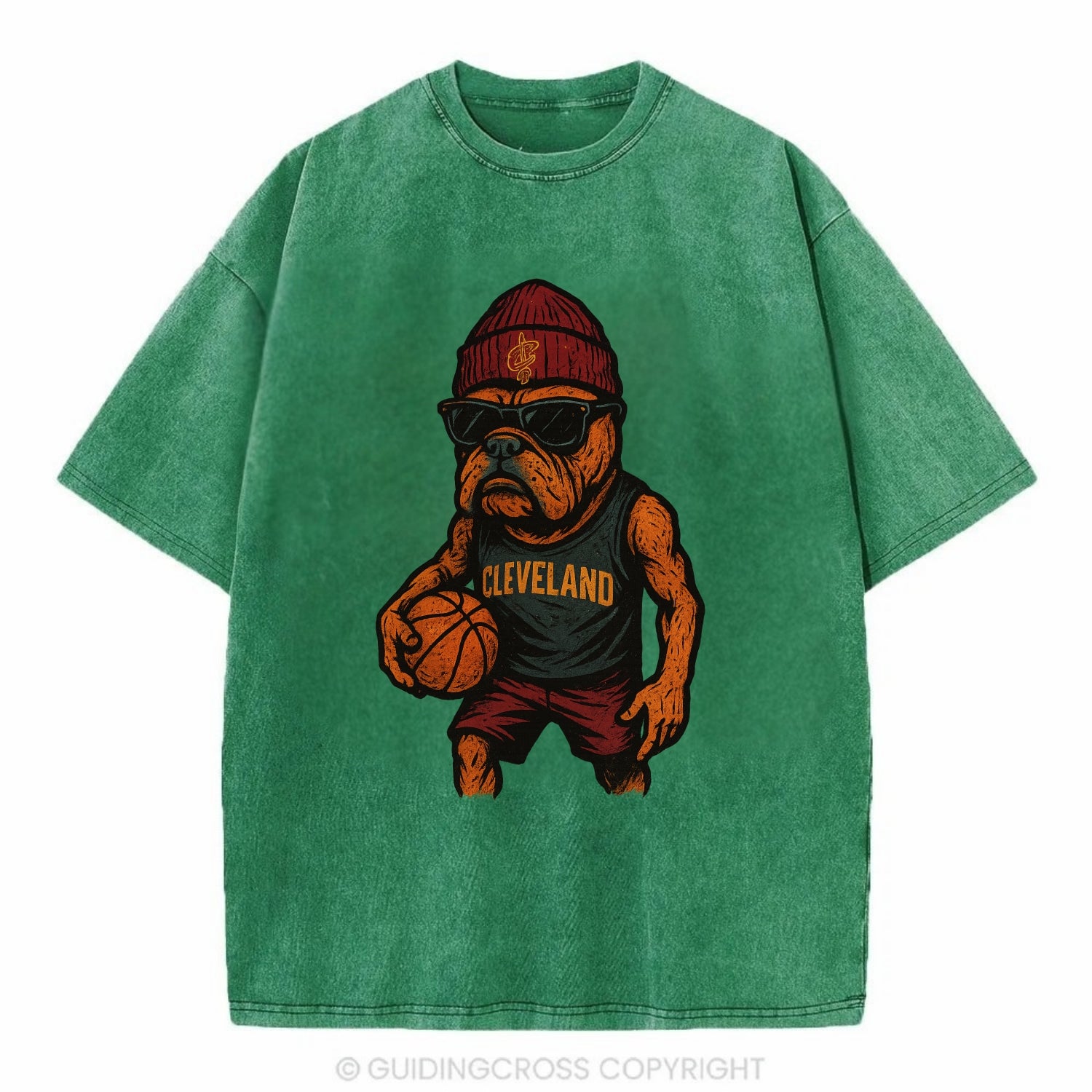 Cleveland Bulldog wearing Cavaliers wine and gold beanie with sword patch and - Vintage T-shirt - Forest Mist(Green)