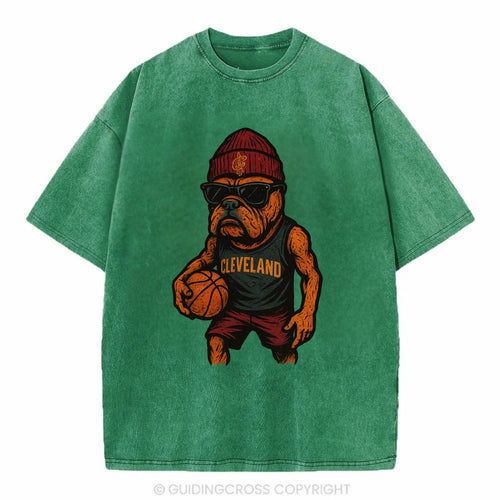 Cleveland Bulldog wearing Cavaliers wine and gold beanie with sword patch and - Vintage T-shirt