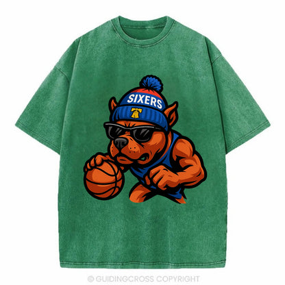 Philly Pitbull wearing Sixers beanie with Liberty Bell and wayfarer sunglasses - Vintage T-shirt - Forest Mist(Green)