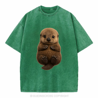 Baby Sea Otter - brown fluffy, floating on back, tiny paws, bright eyes, - Vintage T-shirt - Forest Mist(Green)