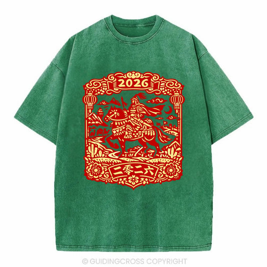 HORSE AND RIDER | Traditional Chinese warrior on horseback | Silk Road journey - Vintage T-shirt - Forest Mist(Green)