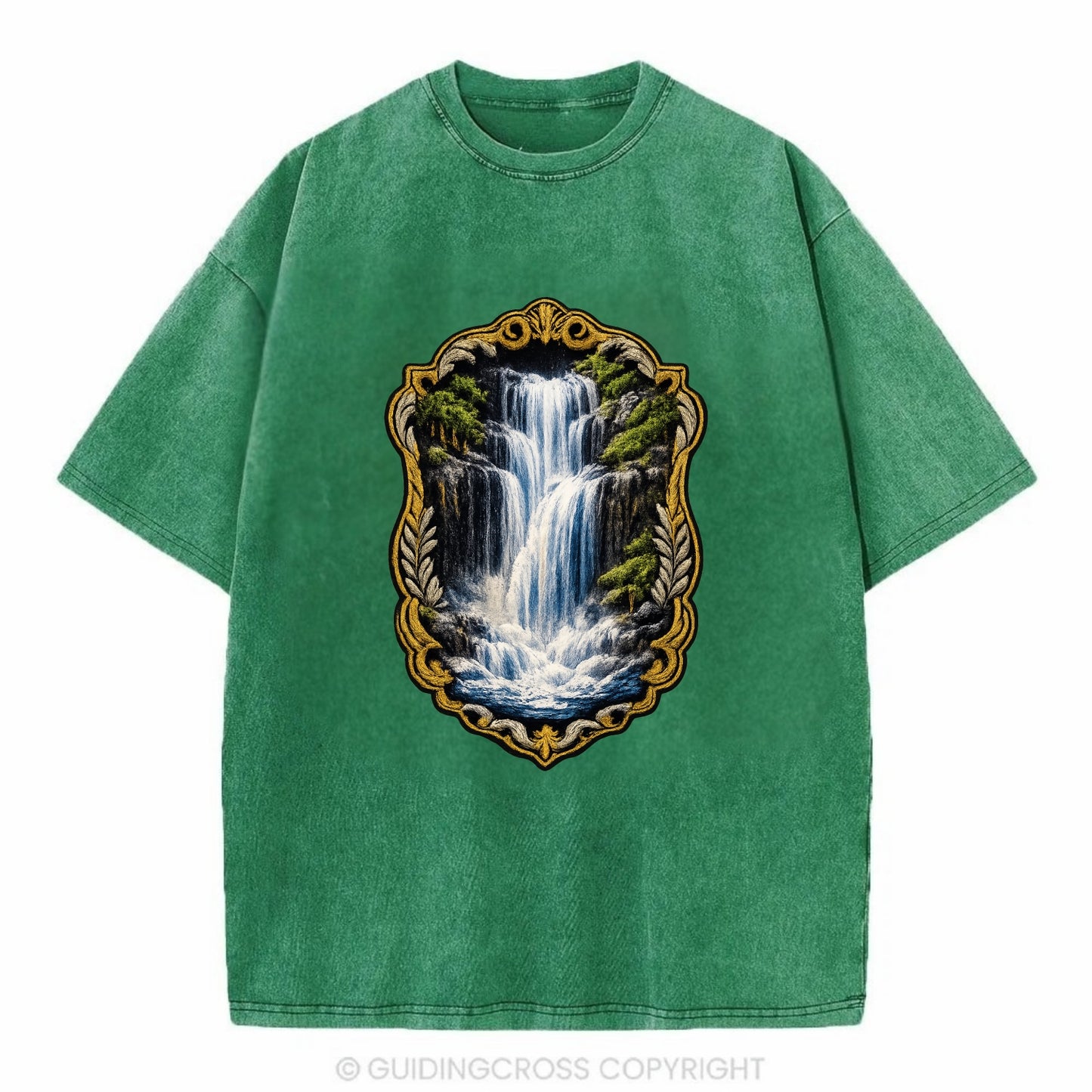 WATERFALL CASCADE - falling water with mist in blue and white , nature wonder - Vintage T-shirt - Forest Mist(Green)